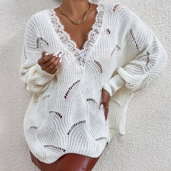 Off White Lace V neck Lantern Sleeve Sweater Top - Picture 5 of 10